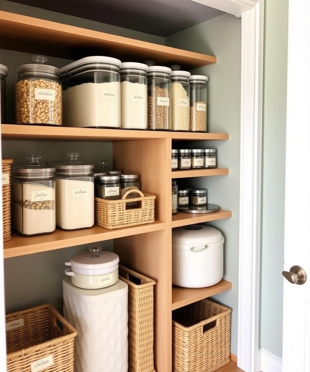 Organized pantry with canisters and baskets
