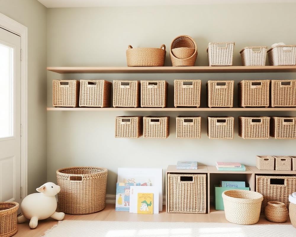 Muted sage playroom with labeled baskets